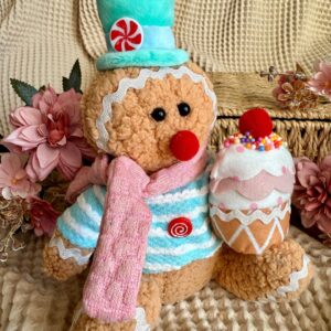 Boneco Gingerbread Sentado Com Cupcake Azul e Rosa 25cm
