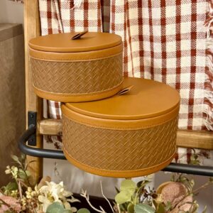 Kit Duas Caixas Decorativas Marrom Madeira Couro Sintético 20cmX20cmX11cm - 16cmX16cmX9cm