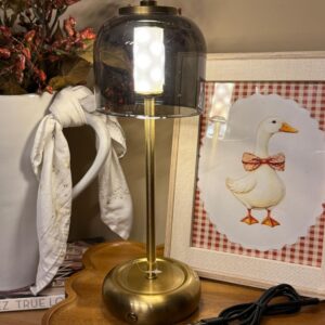 Luminária de Mesa Led Metal e Vidro Fumê Dourado com cabo USB  29,2cmX10cm